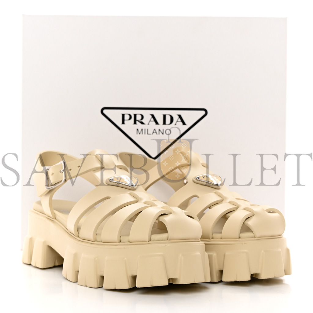 PRADA FOAM RUBBER METAL TRIANGLE LOGO MONOLITH 55MM CAGE SANDALS 41 QUARZO