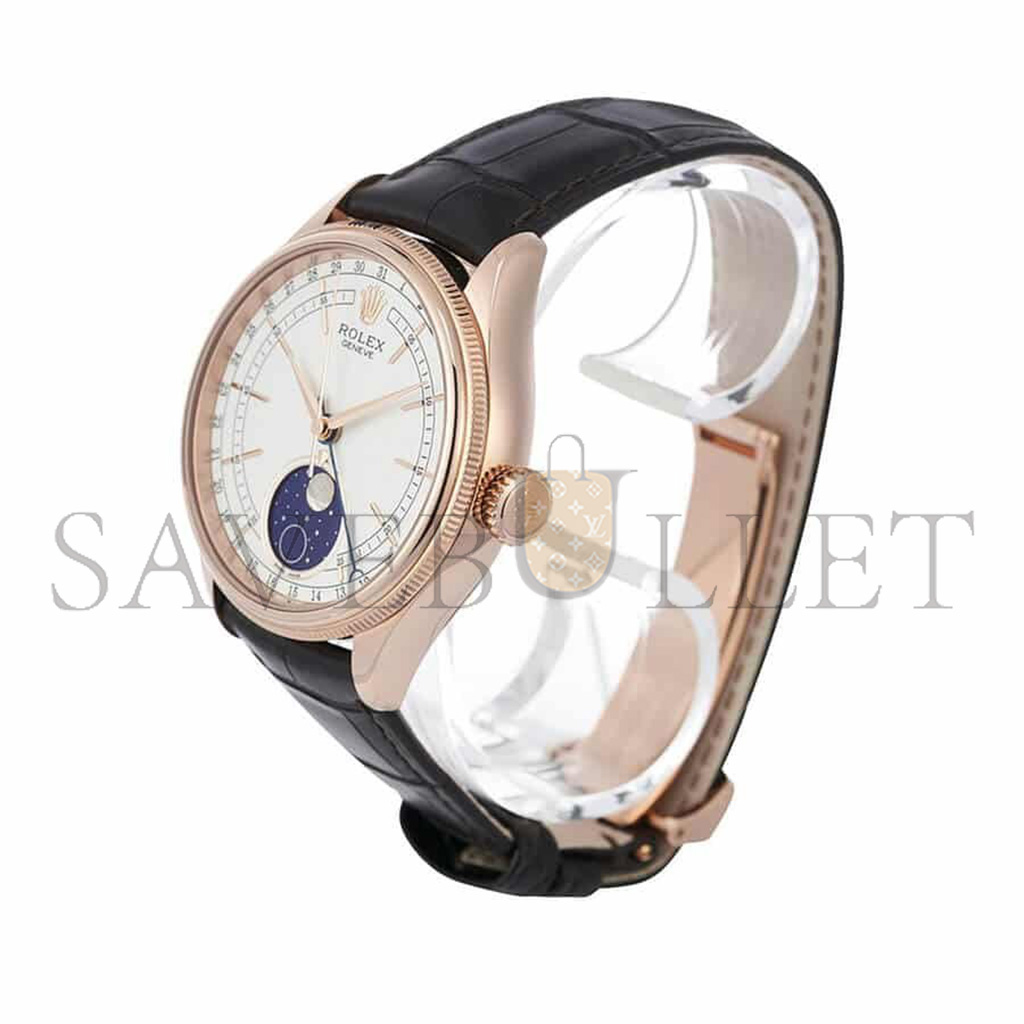 ROLEX CELLINI MOONPHASE WHITE 18K ROSE GOLD LEATHER EVEROSE WATCH 50535