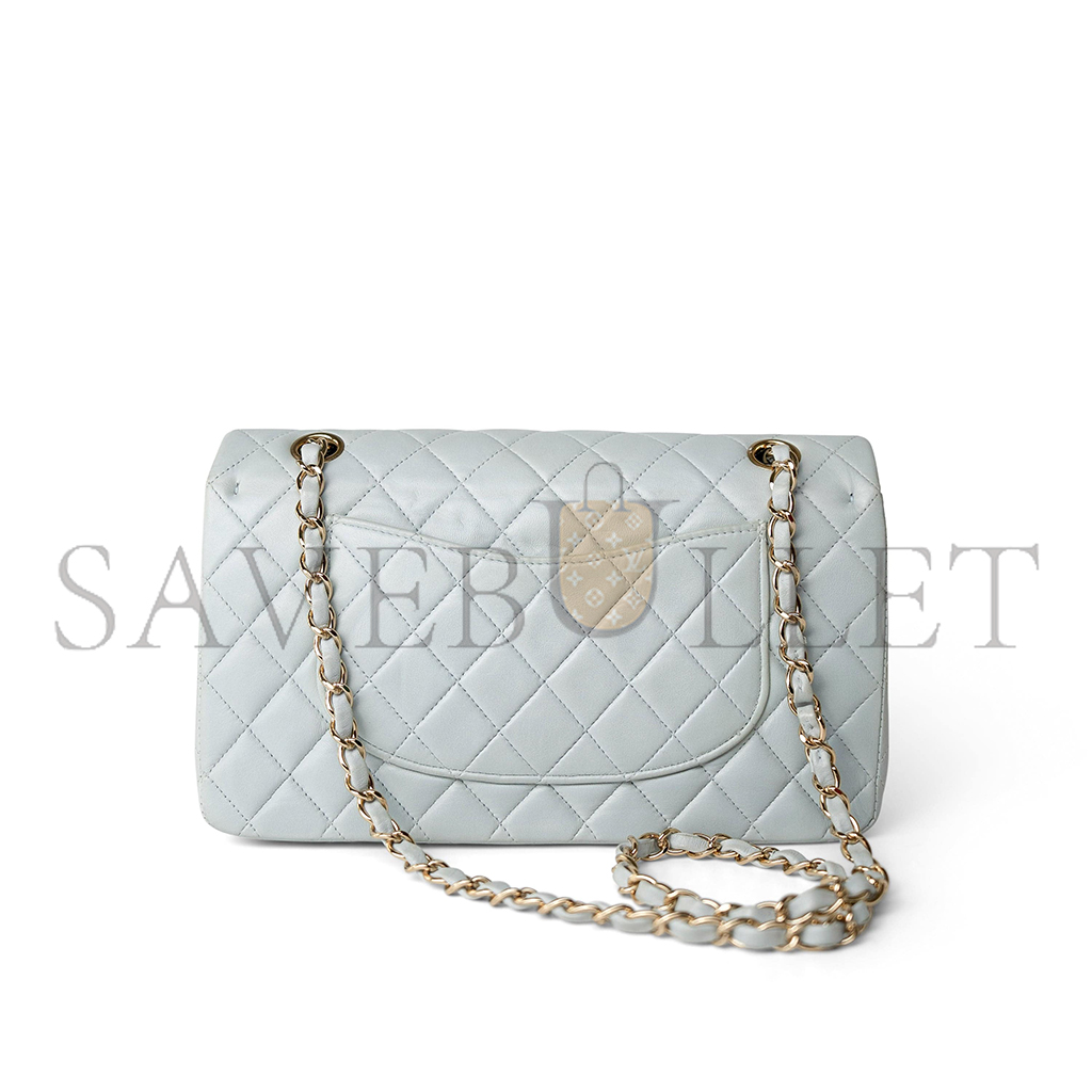 CHANEL VINTAGE LIGHT BLUE LAMBSKIN QUILTED CLASSIC FLAP MEDIUM GOLD HARDWARE (25.5*15*7cm)