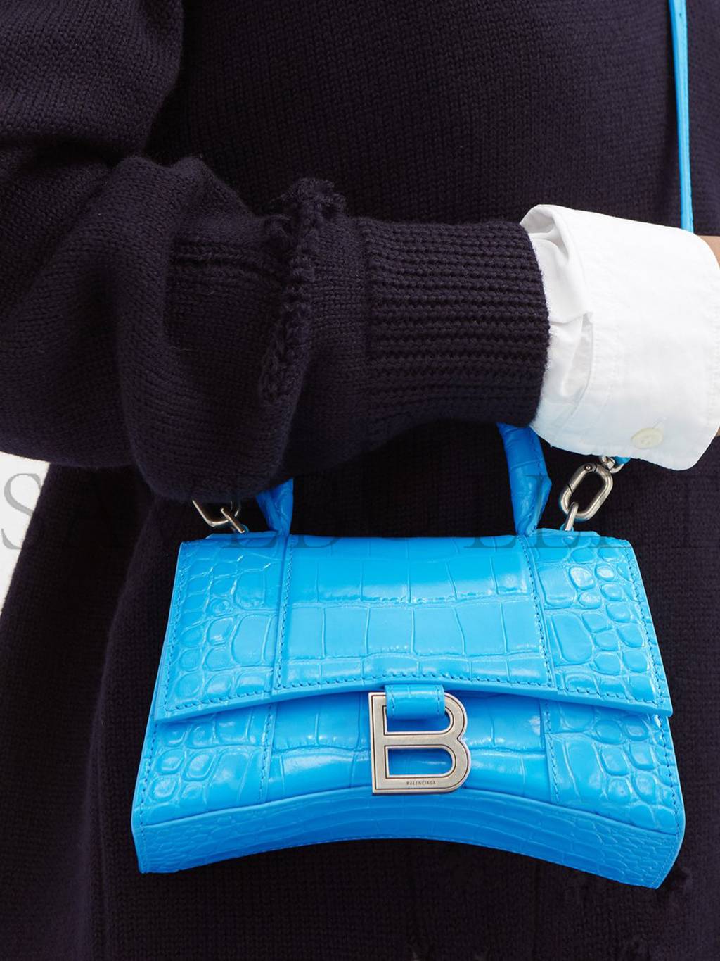 BALENCIAGA BLUE HOURGLASS XS CROCODILE-EFFECT LEATHER BAG MATCHESFASHION US (19.5*12*5cm)