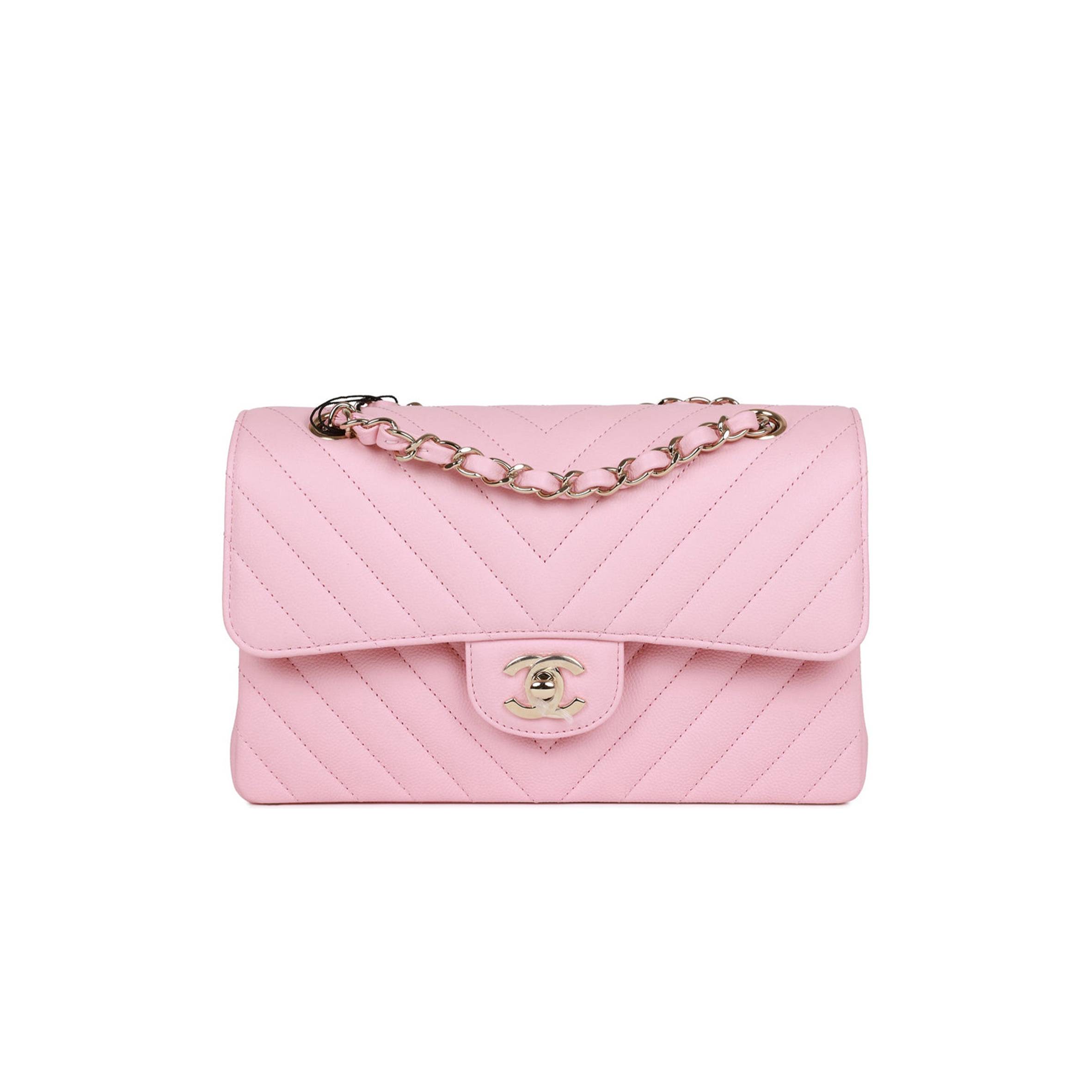 CHANEL SMALL CHEVRON CLASSIC DOUBLE FLAP PINK CALFSKIN LIGHT GOLD HARDWARE (23*13*6cm)