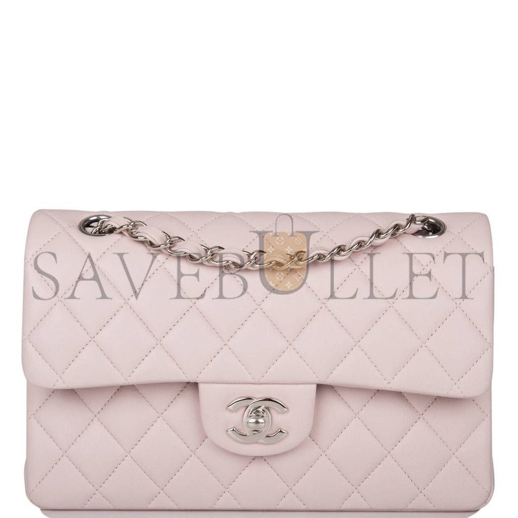 CHANEL SMALL CLASSIC DOUBLE FLAP BAG LIGHT PINK LAMBSKIN SILVER HARDWARE (23*13*6cm)