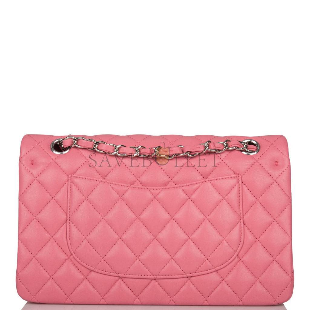 CHANEL MEDIUM CLASSIC DOUBLE FLAP BAG ROSE QUILTED LAMBSKIN SILVER HARDWARE (25*15*7cm)