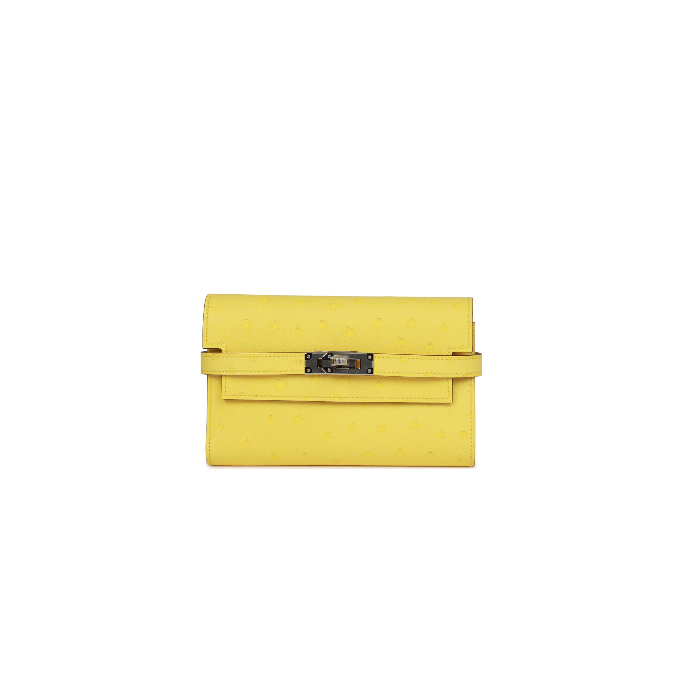 HERMES MEDIUM KELLY DEPLIANT WALLET JAUNE CITRON OSTRICH PALLADIUM HARDWARE (15*10*3cm)