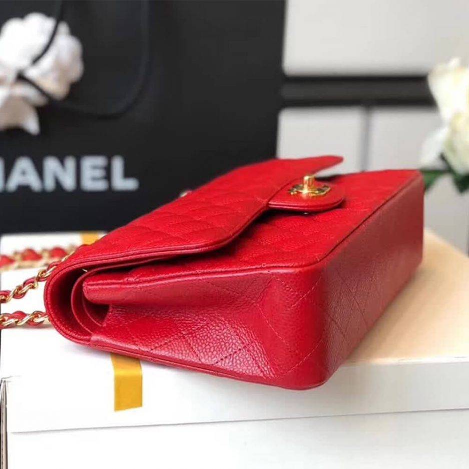 CHANEL CLASSIC FLAP SMALL RED CAVIAR LEATHER GOLD HARDWARE (23*14.5*6cm)