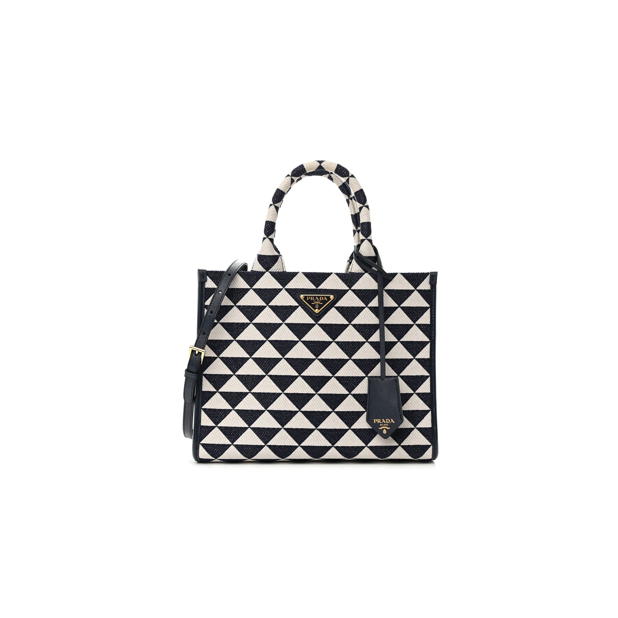 PRADA JACQUARD SAFFIANO TRIANGOLO SYMBOLE EMBROIDERED SMALL TOTE BALTICO TALCO (29*22*9cm)