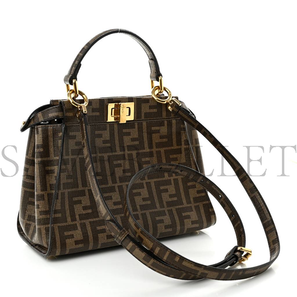 FENDI GLAZED FABRIC VITELLO FF 1974 HAIRDO GIRLS INLAY MINI PEEKABOO ICONIC SATCHEL MOGANO PANNA MULTICOLOR (23*18*13cm)