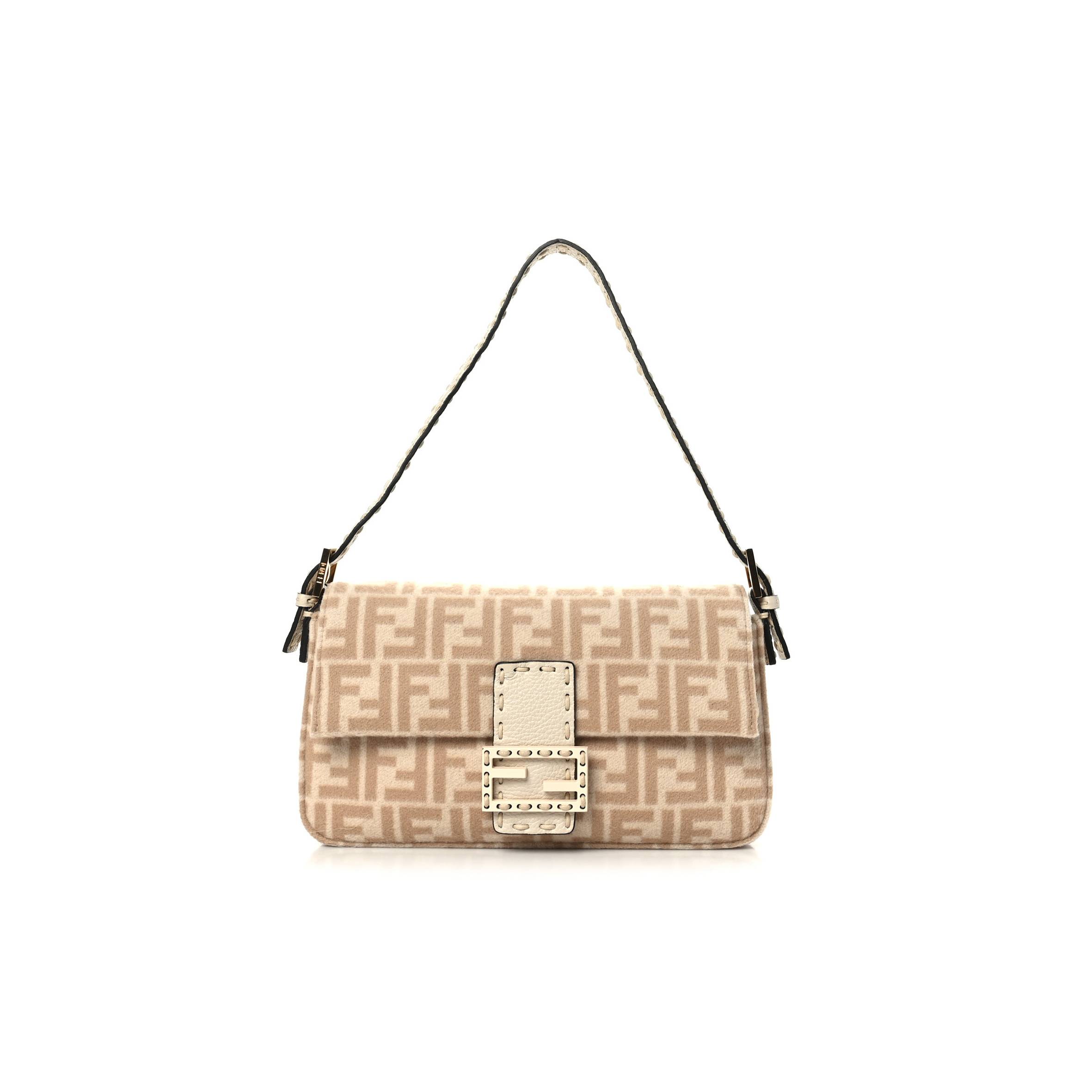 FENDI WOOL CUOIO ROMANO SELLERIA FF 1974 BAGUETTE 1997 BEIGE CAMMELLO CAMELIA (27*15*6cm)